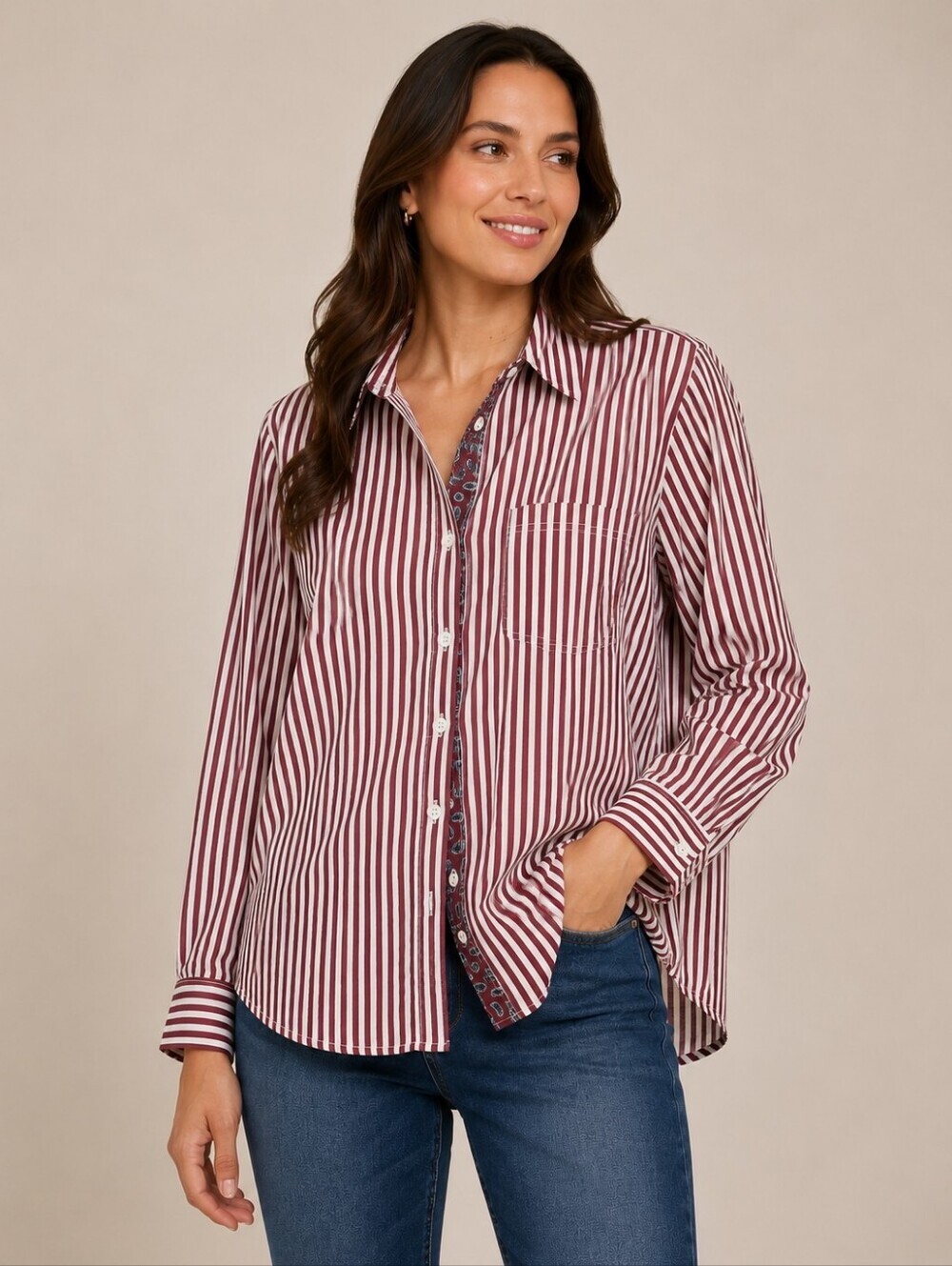 Victoria Jones Women’s Button Down Shirt Size 24 Red White Striped Paisley Trim